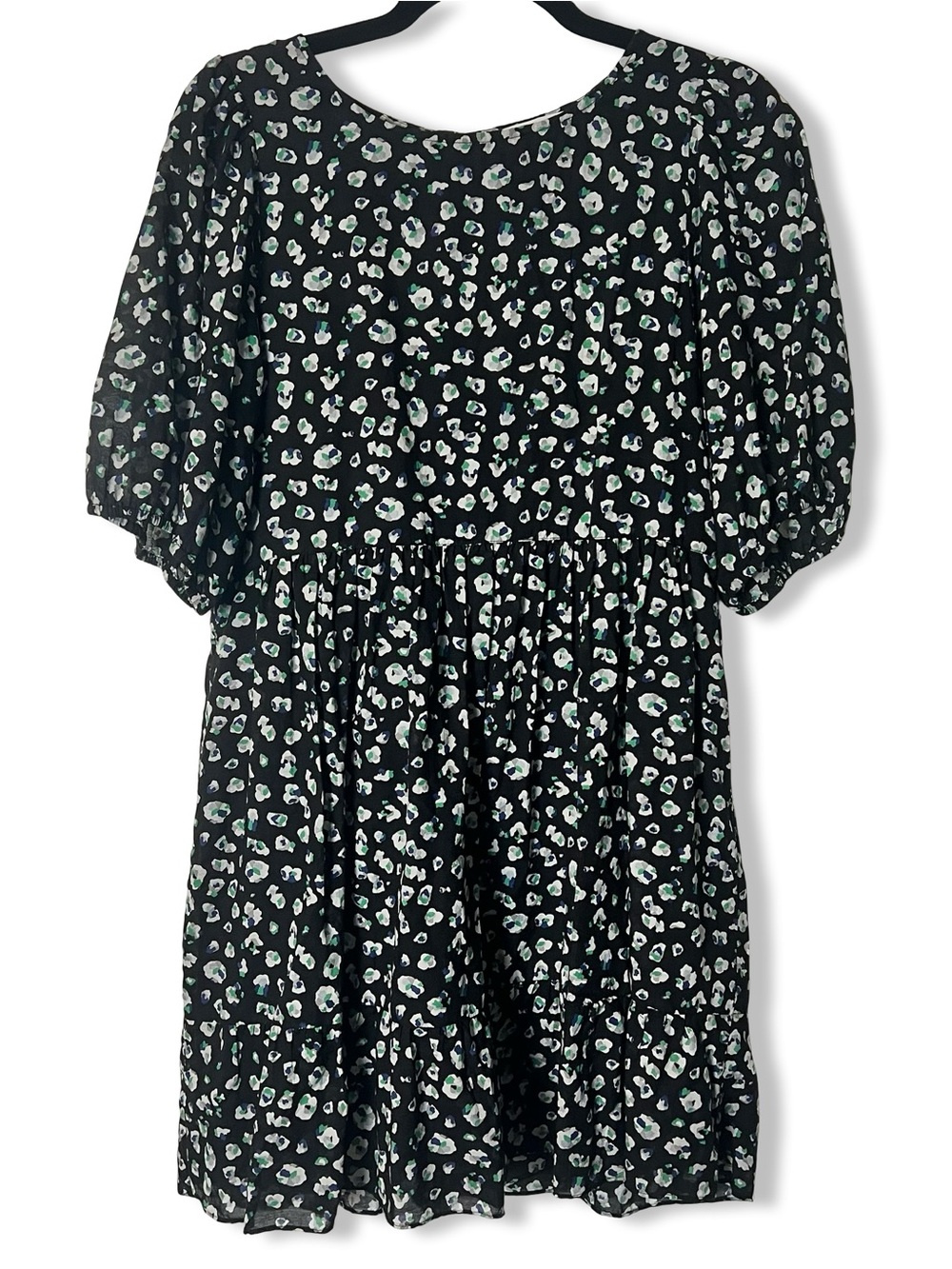 Ba&Sh Beth Black Floral Print Babydoll Mini Dress Puff Sleeve Sz 2 (US 6)